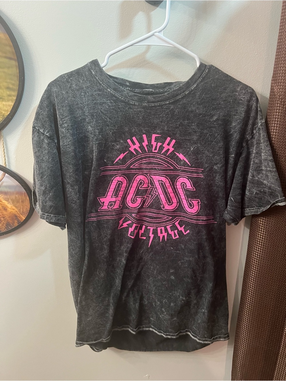 AC/DC Black Mineral Wash Tee with Pink Logo